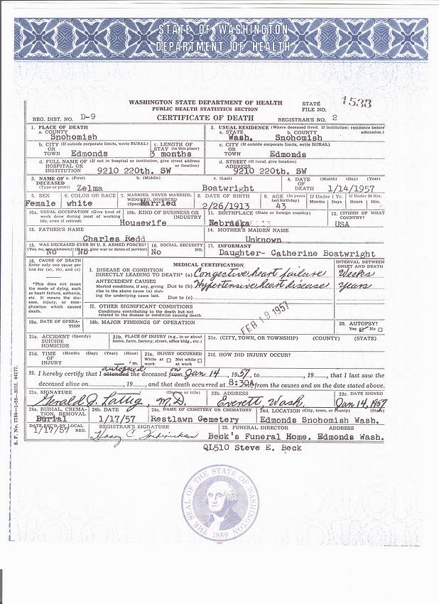 Zelma Redd Boatwright Death Certificate: